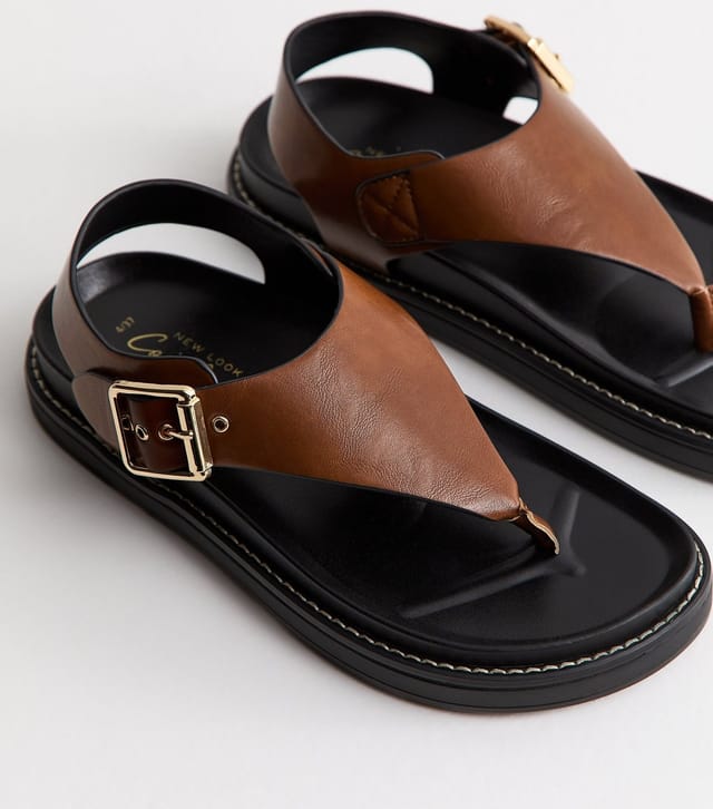 New Look Women's Tan Faux Leather Toe Post Chunky Flat Sandals Vegan New Look - 3