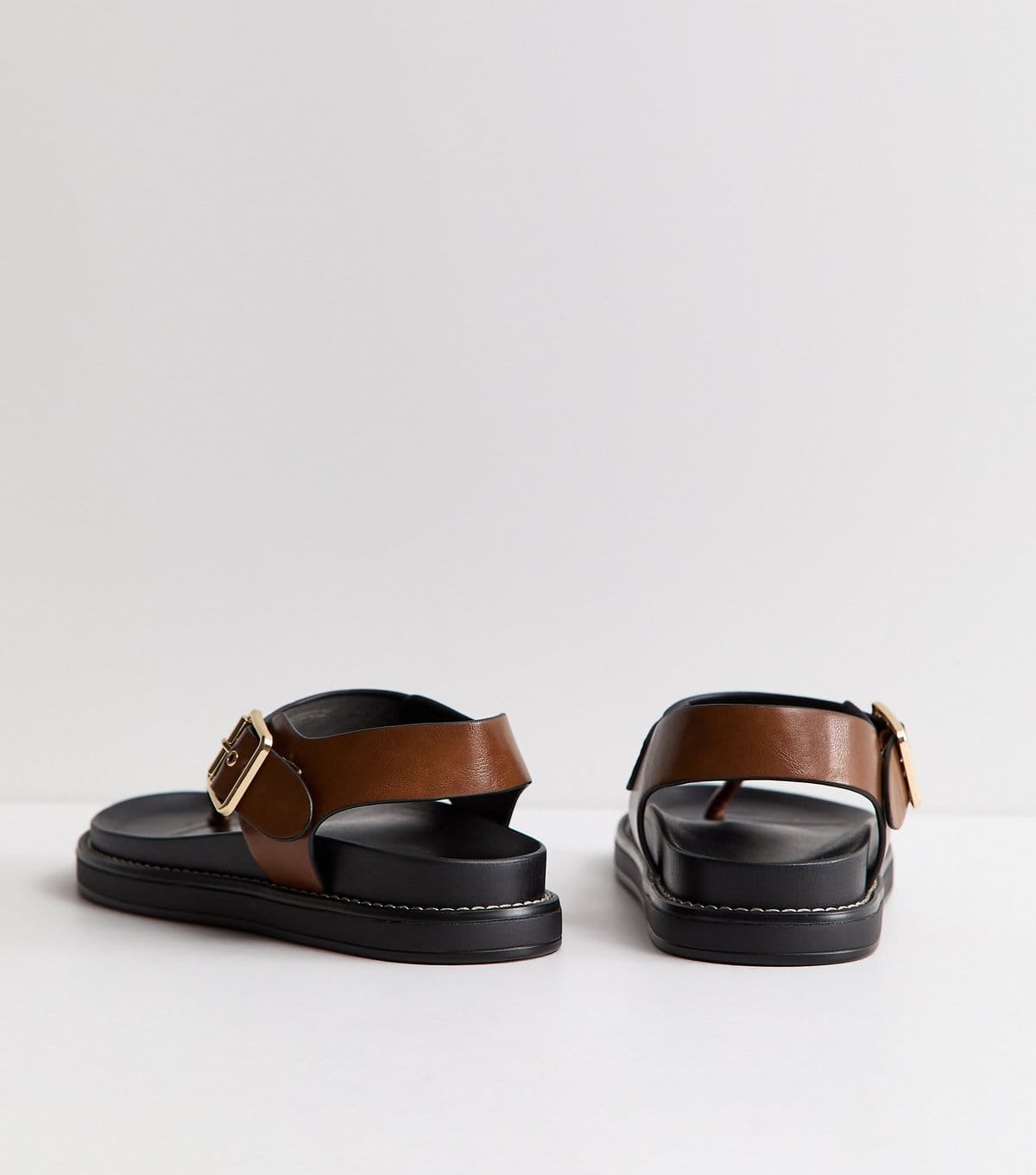 New Look Women's Tan Faux Leather Toe Post Chunky Flat Sandals Vegan New Look - 4