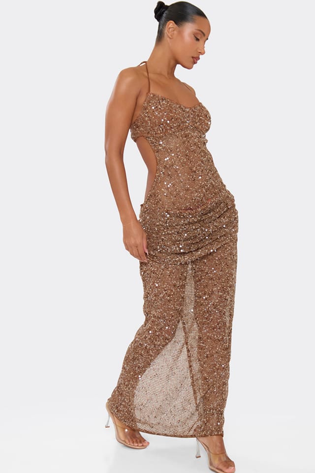 EGO EGO Women's Strappy Ruched Maxi Dress in Tan - 3