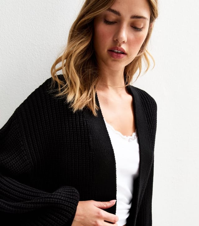 New Look Women's Black Stitchy Knit Balloon Sleeve Cardigan New Look - 2