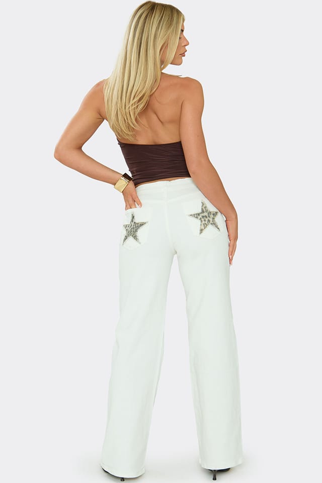 EGO EGO Women's Wide Leg Pocket Detail Denim Mid Rise Jeans in White - 2