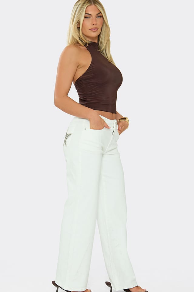 EGO EGO Women's Wide Leg Pocket Detail Denim Mid Rise Jeans in White - 3