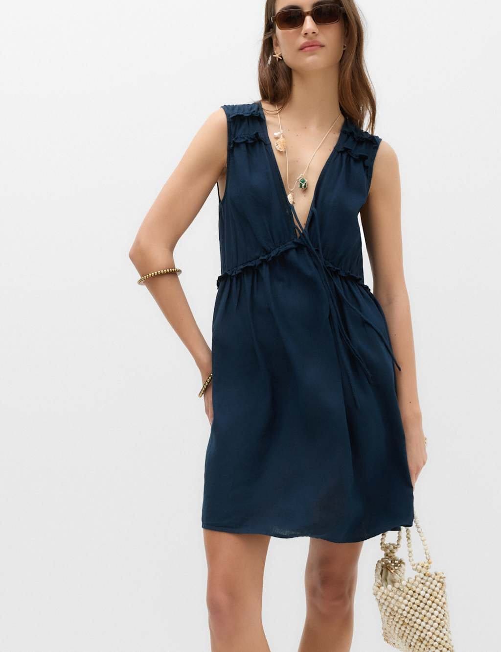 M&S Navy Linen Blend V-Neck Tie Detail Mini Dress