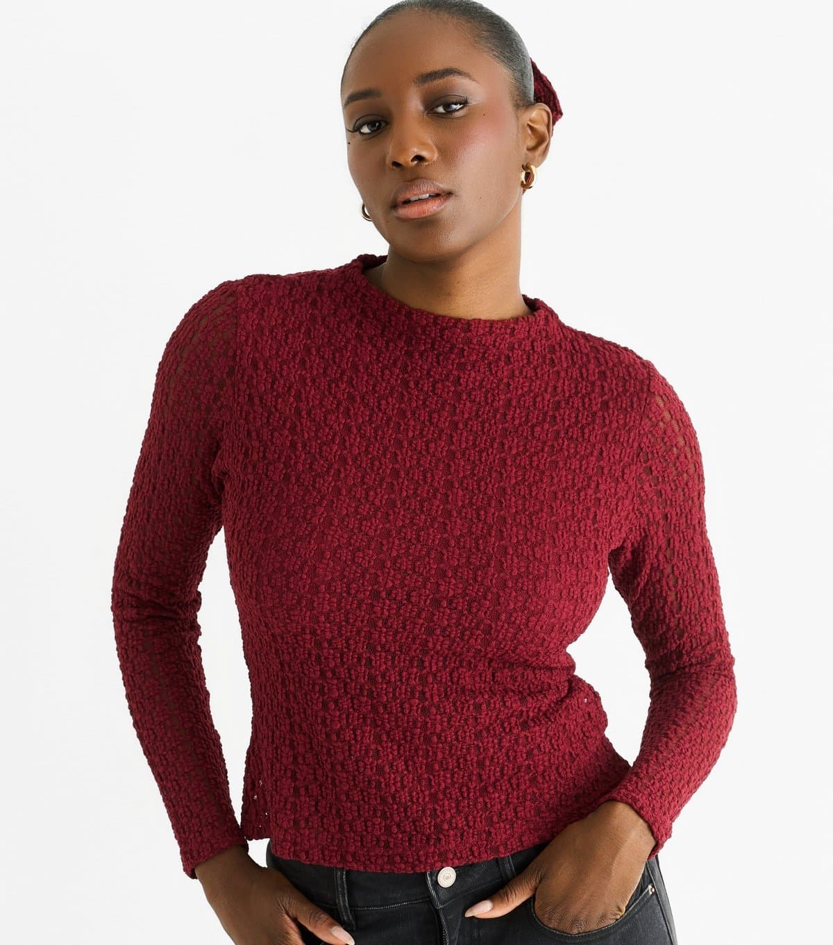 Gini London Women's Burgundy Jersey Lace Long Sleeve Top Gini London New Look