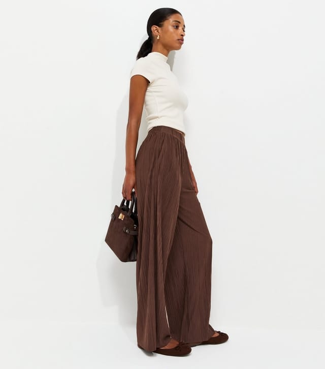 New Look Women's Dark Brown Crinkled Jersey Wide Leg Trousers New Look - 3