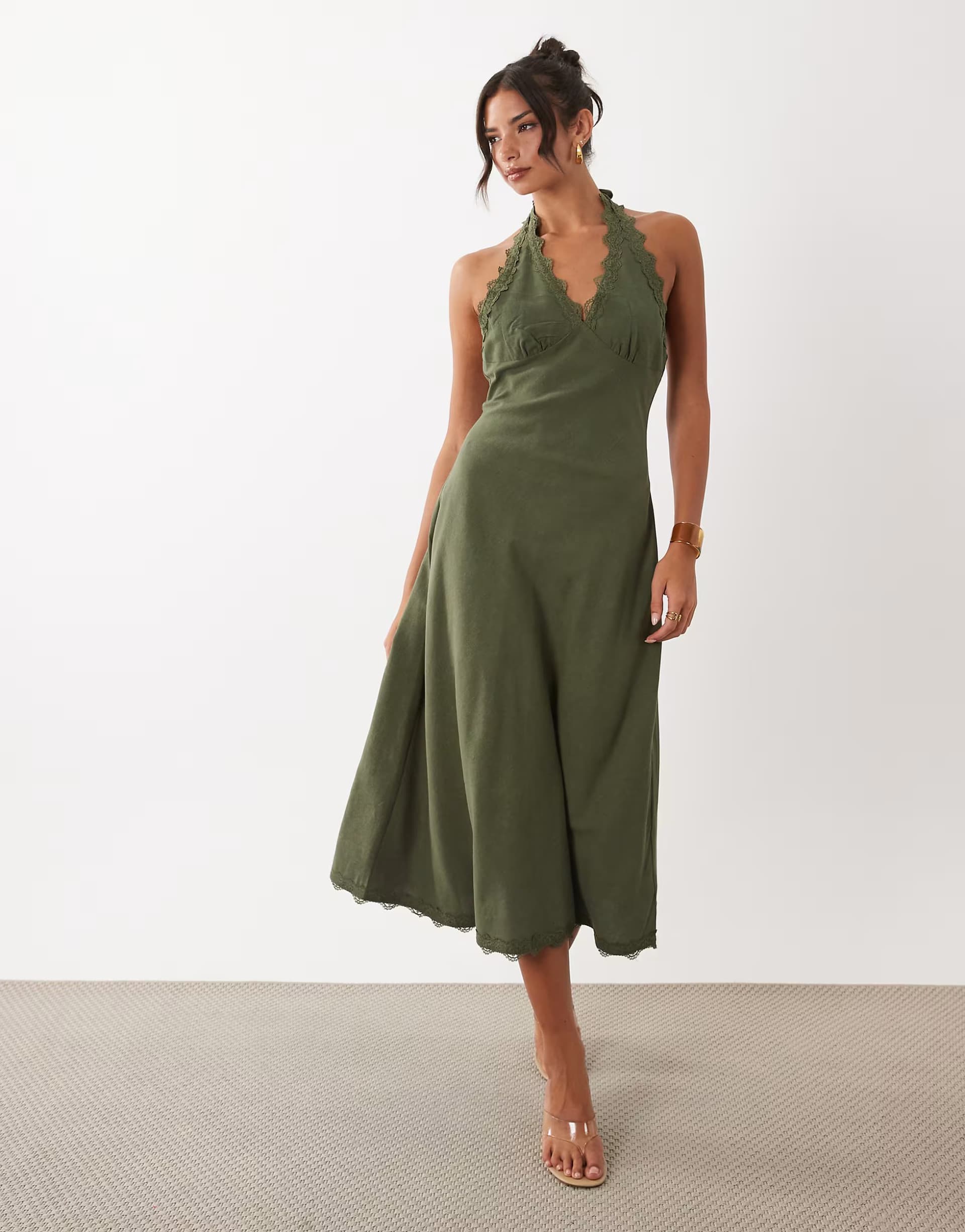 ASOS Lioness Stars Align linen rich halterneck lace trim low back midi dress in khaki