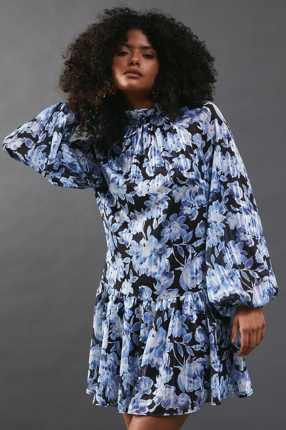 Warehouse Warehouse Women's Shadow Stripe High Neck Tie Back Mini Dress in Blue