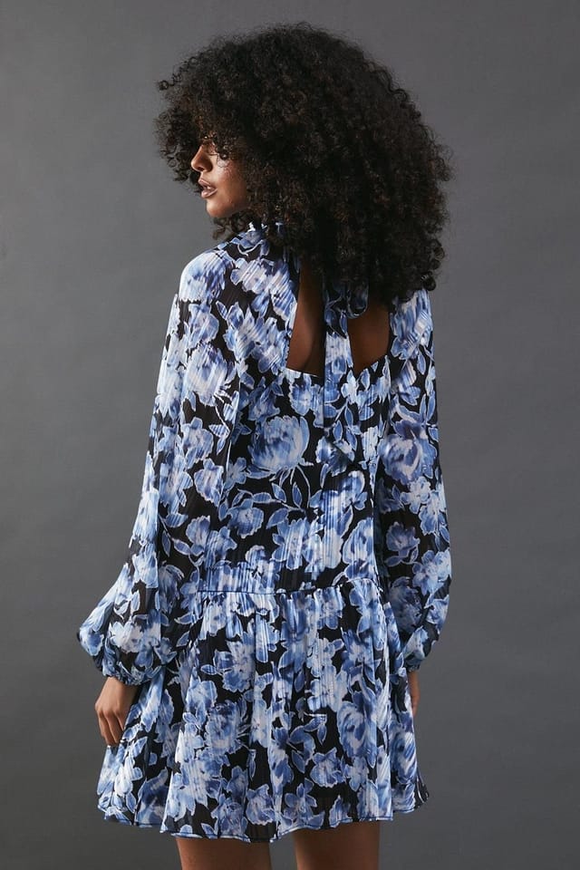 Warehouse Warehouse Women's Shadow Stripe High Neck Tie Back Mini Dress in Blue - 3