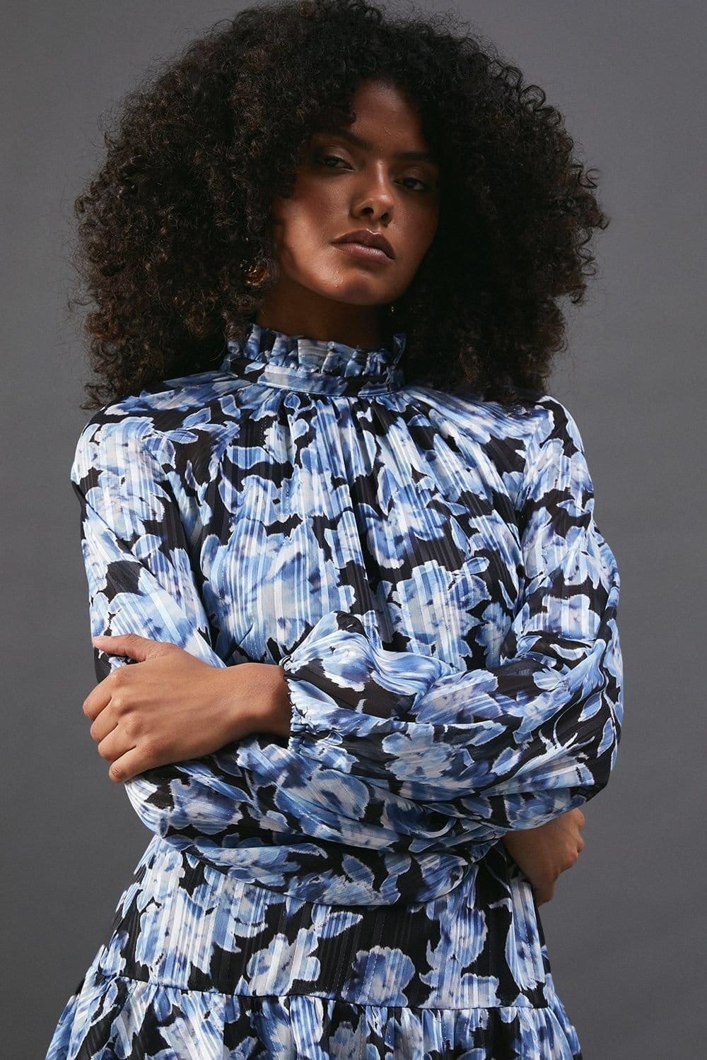 Warehouse Warehouse Women's Shadow Stripe High Neck Tie Back Mini Dress in Blue - 4