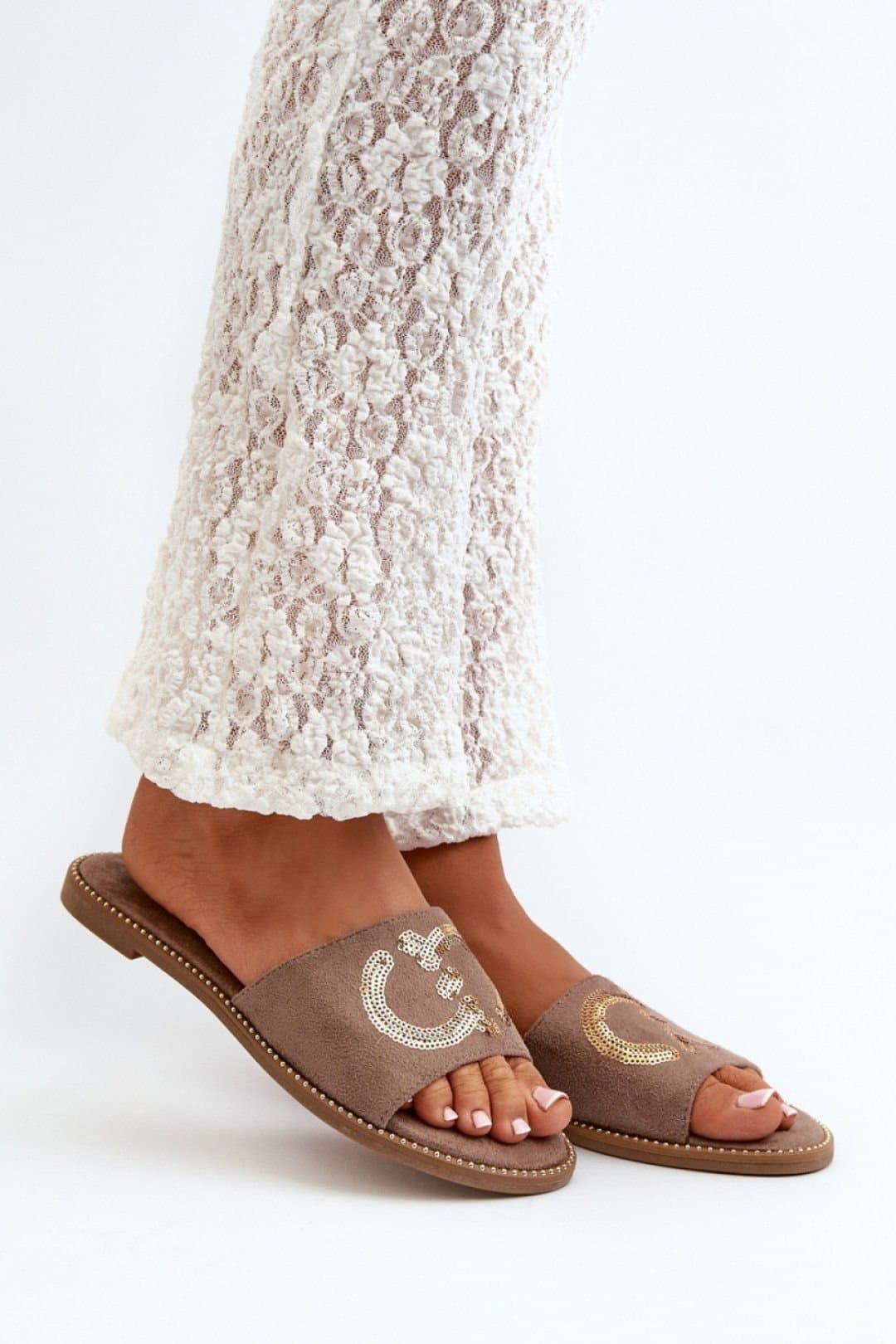 Love Lace Love Lace Women's Sueded Flat Heel Flip Flops with Sequin Strap Comfort Insole in Brown