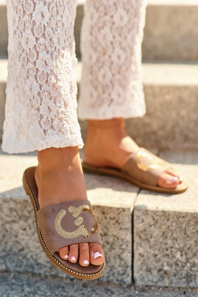 Love Lace Love Lace Women's Sueded Flat Heel Flip Flops with Sequin Strap Comfort Insole in Brown - 2
