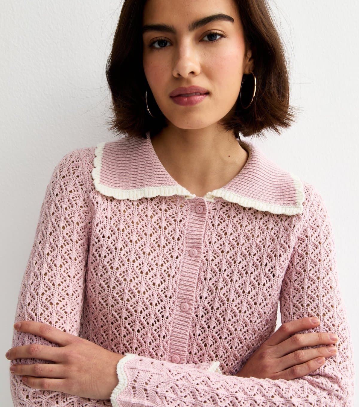 New Look Women's Lilac Cotton Rich Crochet-Look Knit Scalloped Collar Cardigan New Look