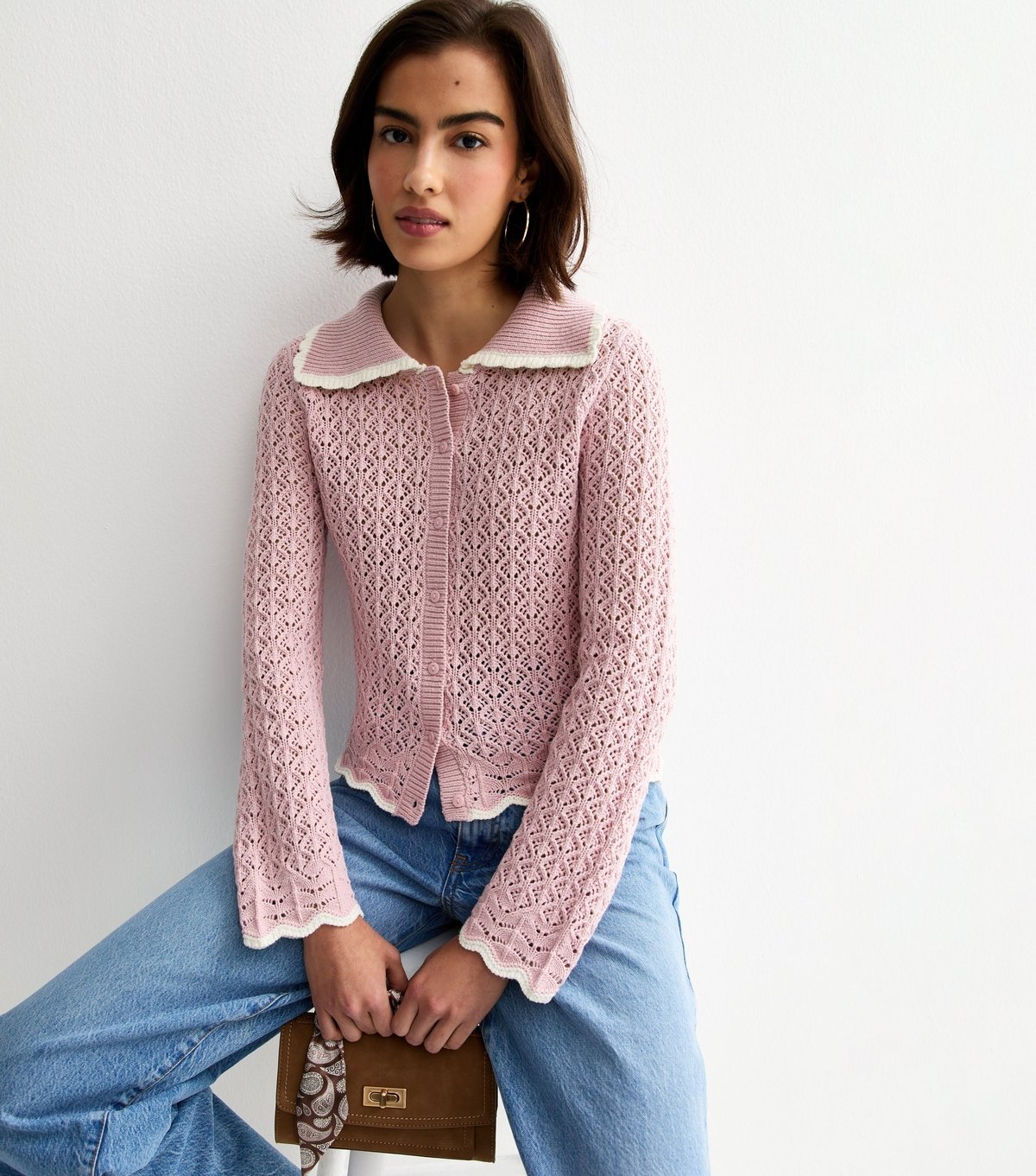 New Look Women's Lilac Cotton Rich Crochet-Look Knit Scalloped Collar Cardigan New Look - 2