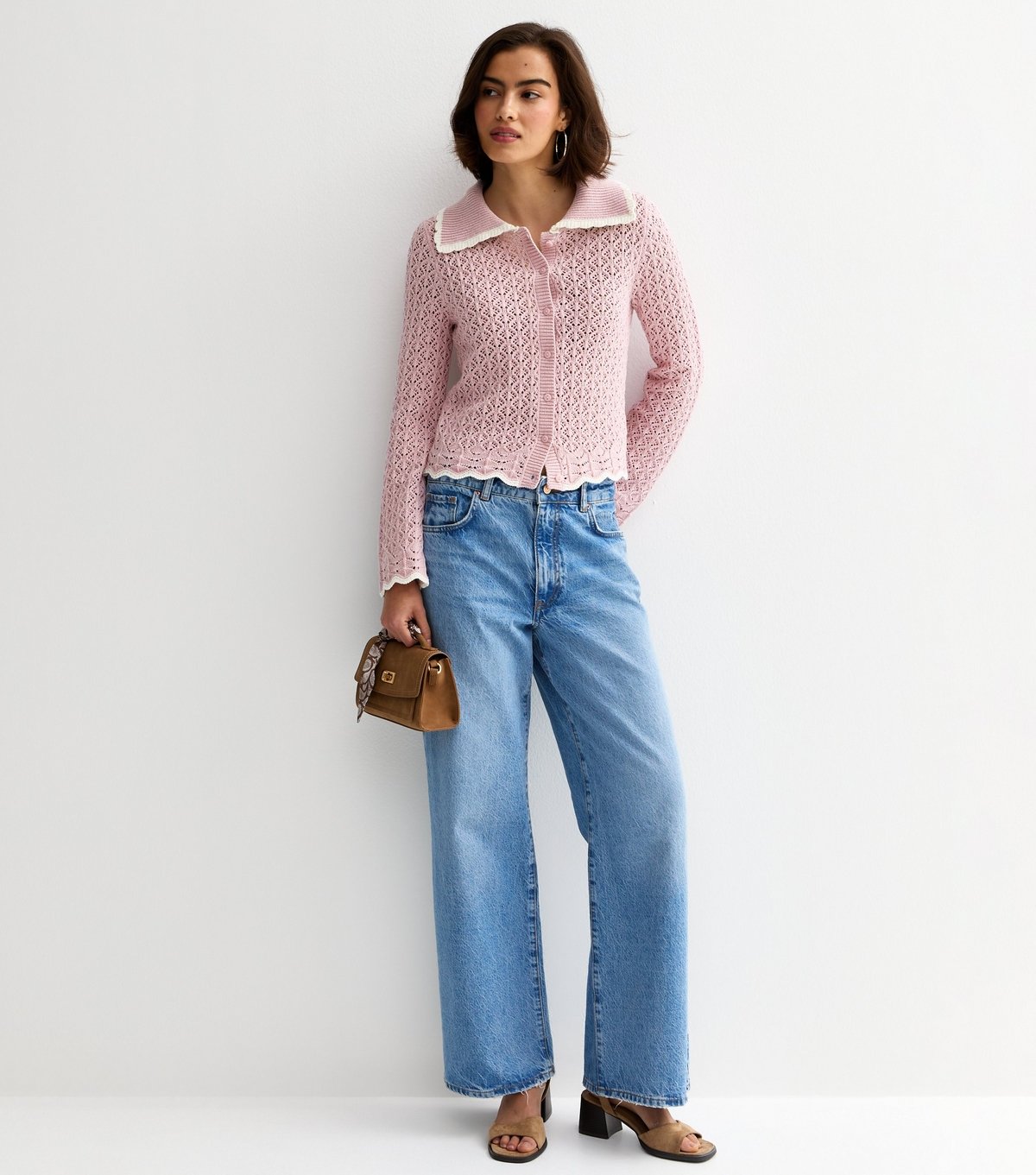 New Look Women's Lilac Cotton Rich Crochet-Look Knit Scalloped Collar Cardigan New Look - 3