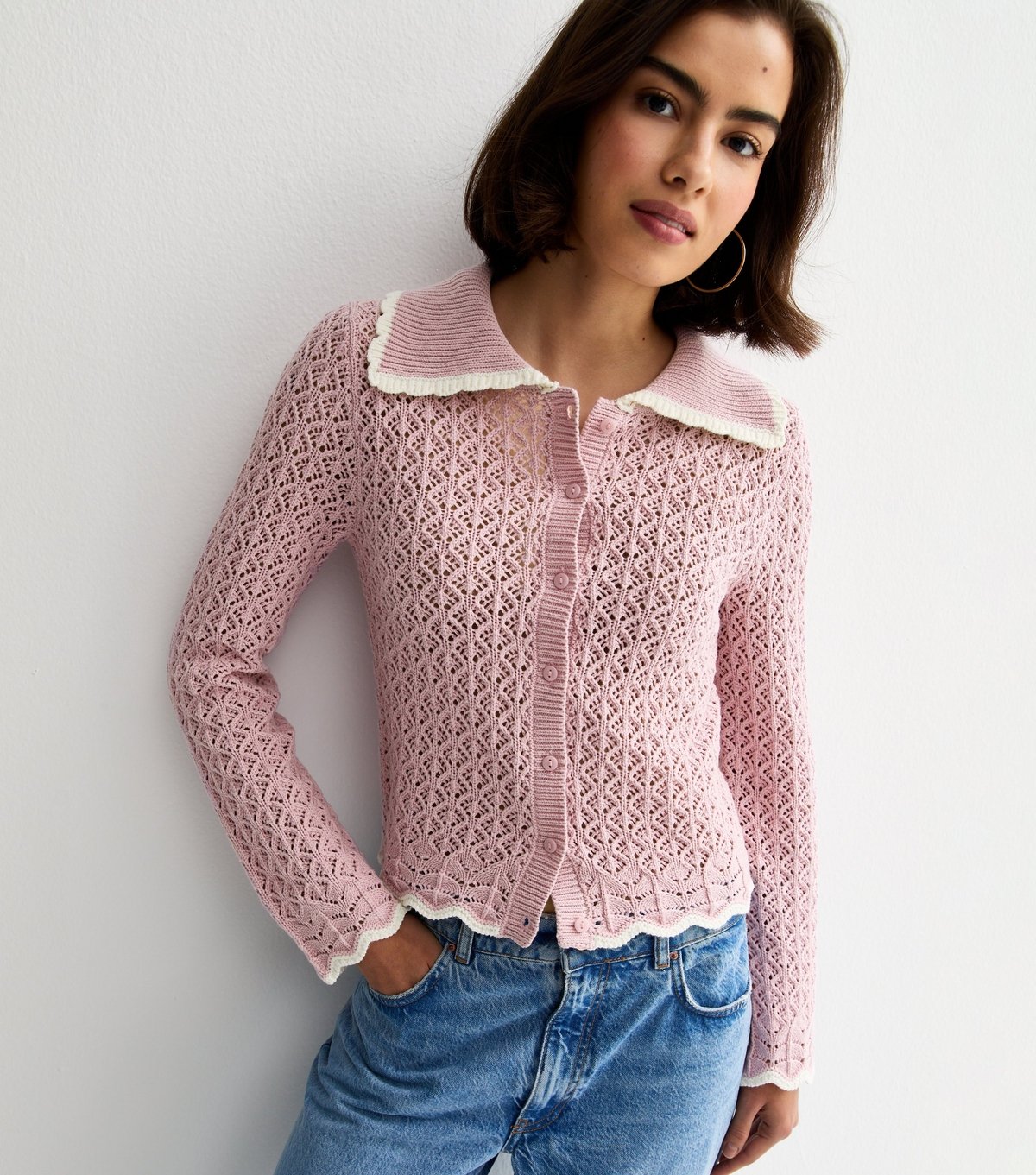 New Look Women's Lilac Cotton Rich Crochet-Look Knit Scalloped Collar Cardigan New Look - 4