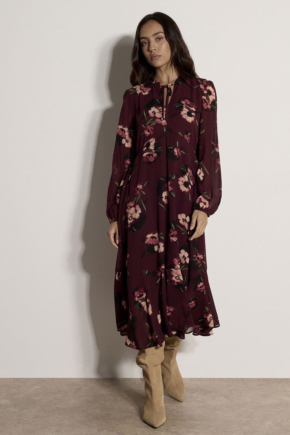 Apricot Apricot Women's Floral Print Chiffon Midi Dress in Burgundy