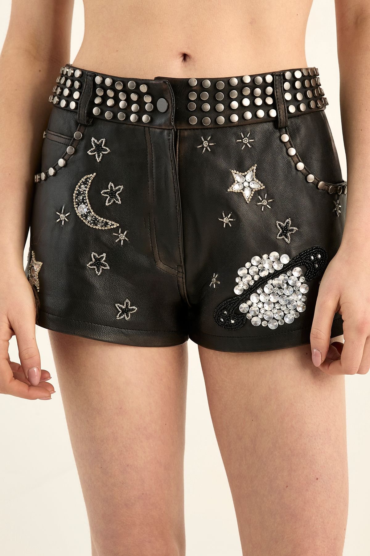 NastyGal NastyGal Women's Real Leather Cosmic Studded Shorts Co-Ord in Black - 3