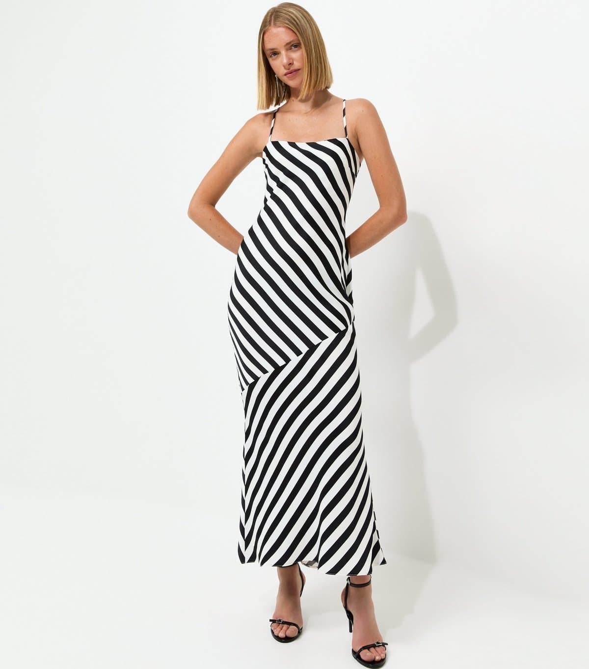 New Look Women's Black Satin Diagonal Stripe Slip Midi Dress New Look