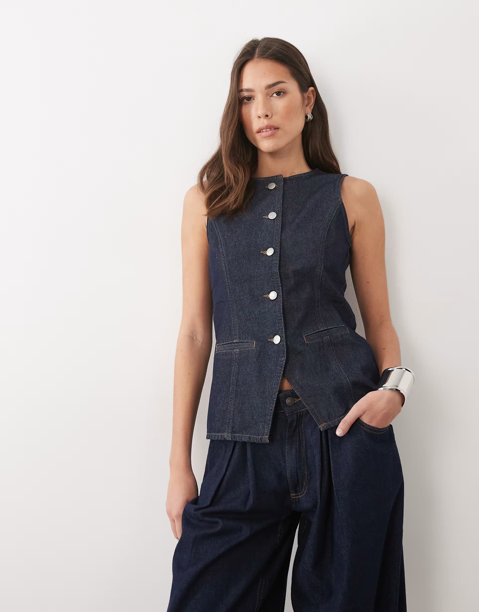 ASOS Threadbare crew neck denim waistcoat in indigo blue