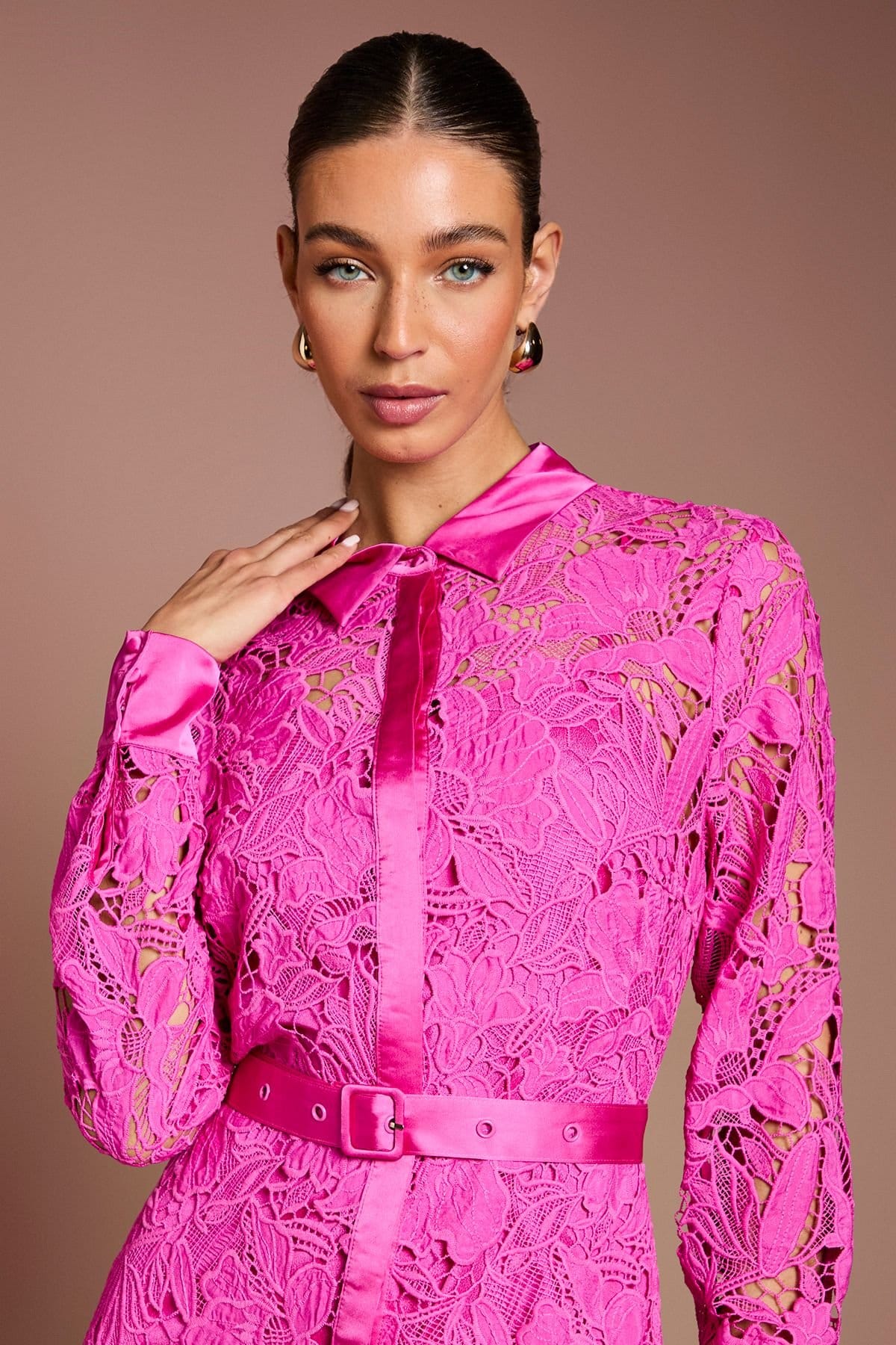 Coast Coast Women's Lace Shirt Dress in Magenta - 4