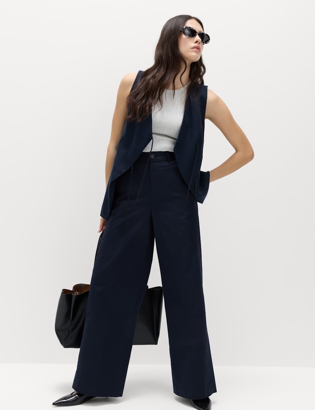 Marks & Spencer M&S Navy Cotton Rich Wide Leg Chinos