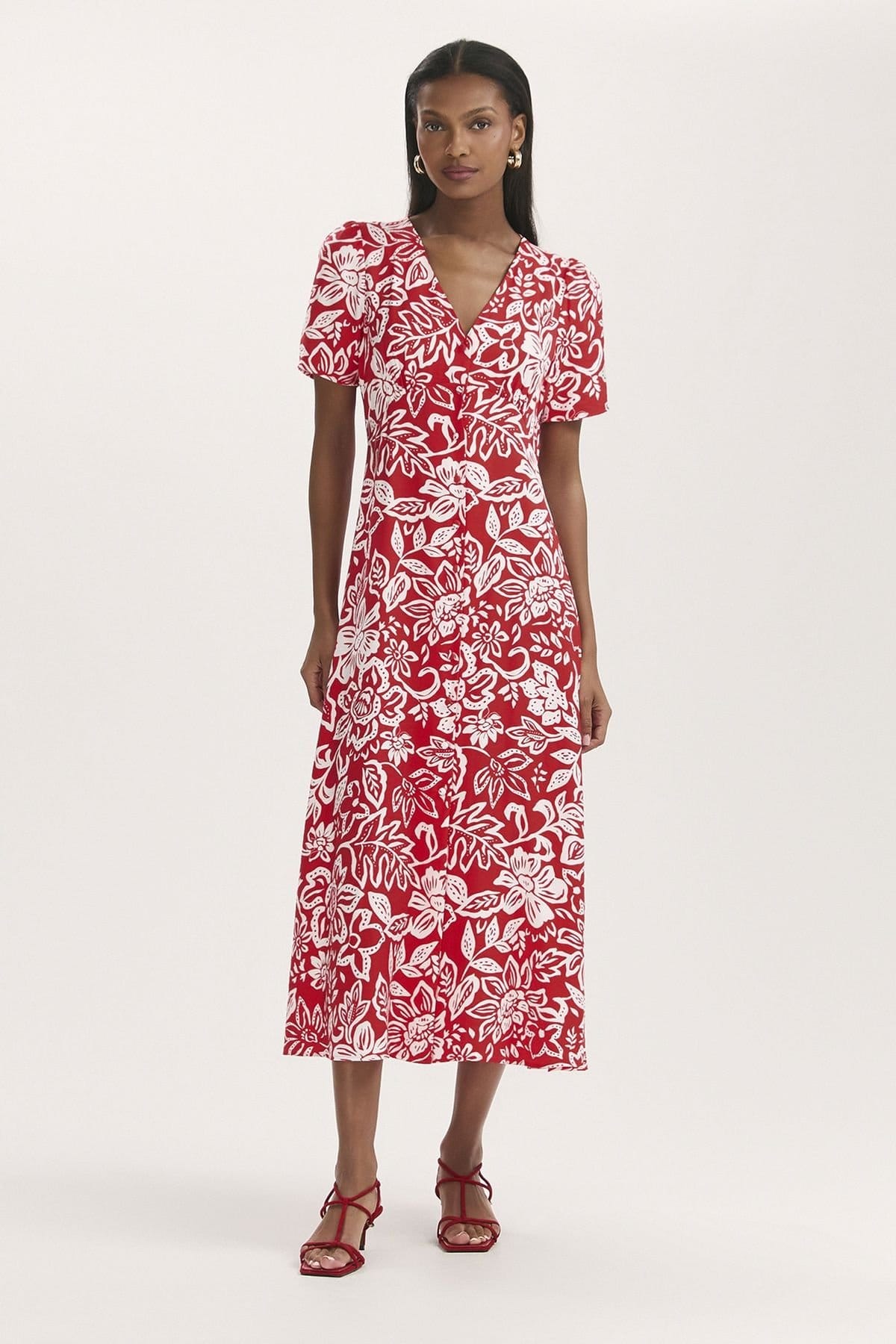 Finery London Scarlet Floral Button-Through Midi Dress