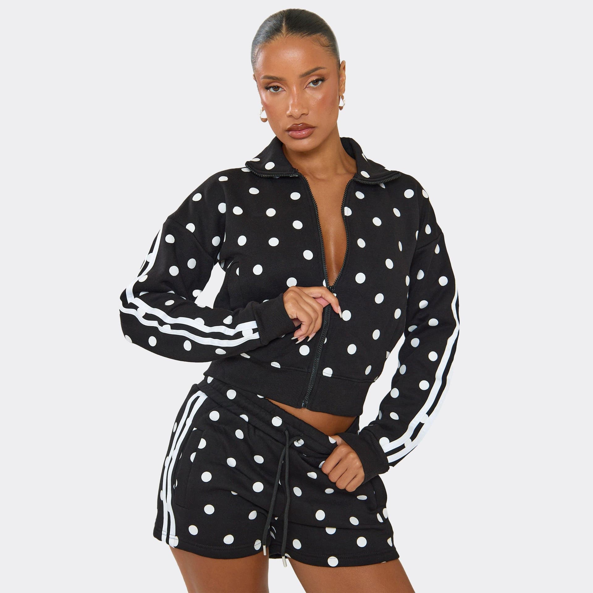 EGO Long Sleeve Side Stripe Zip Up Jacket And Shorts Co-Ord Set In Black Polka Dot, Women's Size UK XS