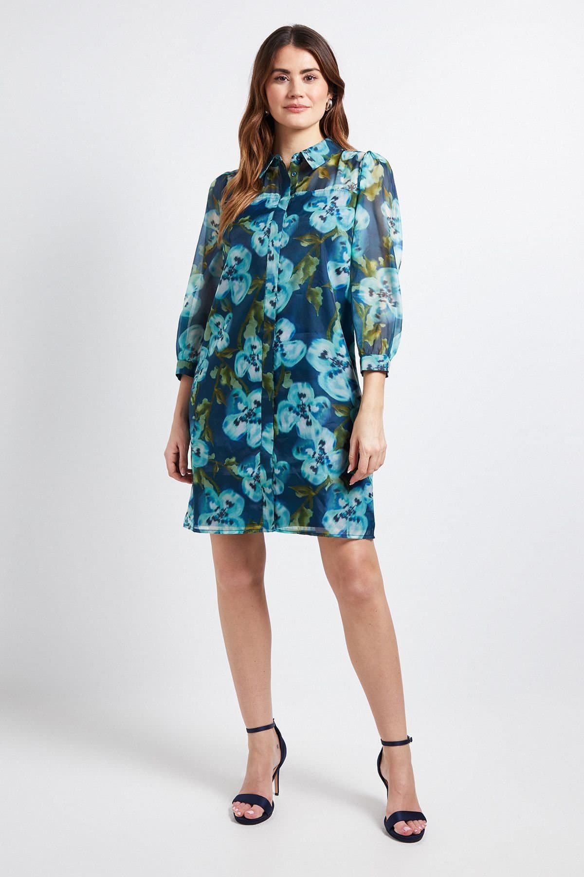 Wallis Wallis Women's Floral Organza Button Shift Dress in Green