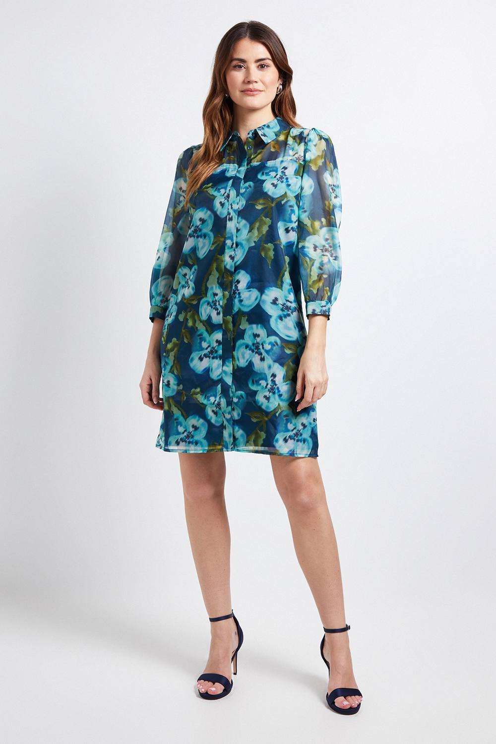 Wallis Wallis Women's Floral Organza Button Shift Dress in Green - 2