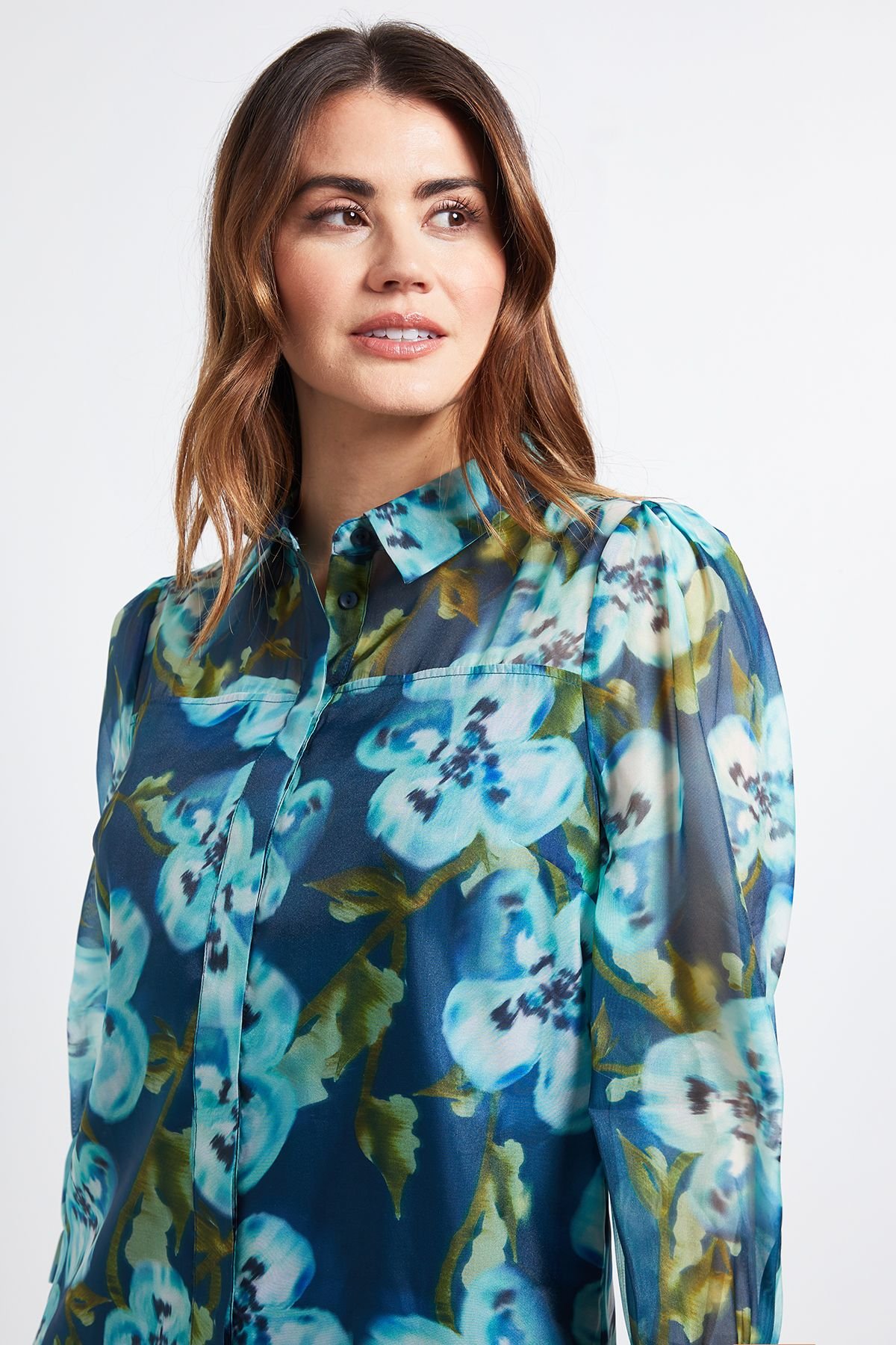 Wallis Wallis Women's Floral Organza Button Shift Dress in Green - 4