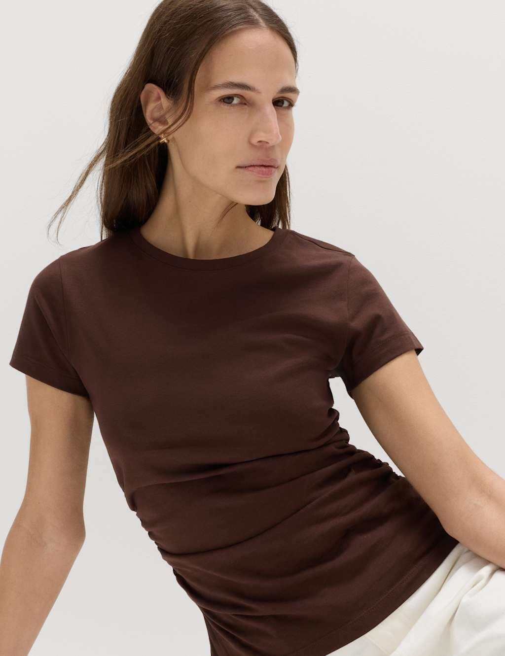 Marks & Spencer M&S Pure Cotton Slim Fit Ruched T-Shirt Chocolate