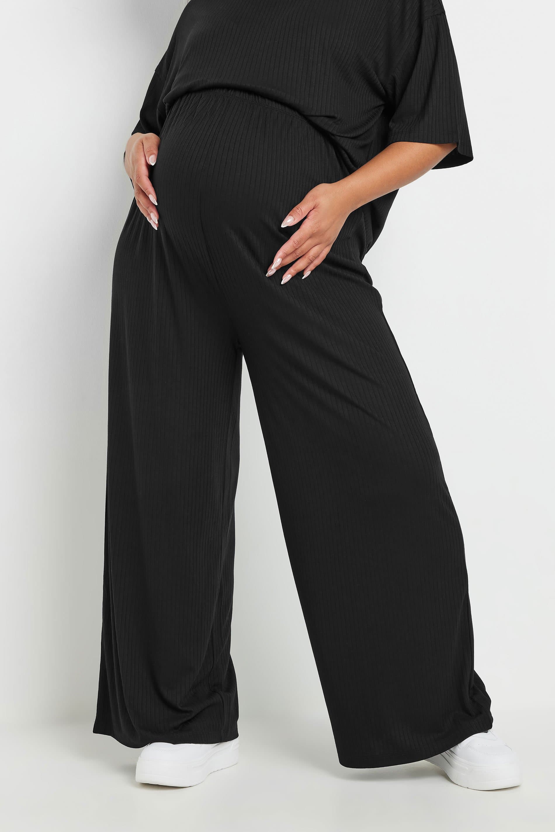 Bump It Up Maternity Plus Size Black Premium Modal Ribbed Wide Leg Trousers