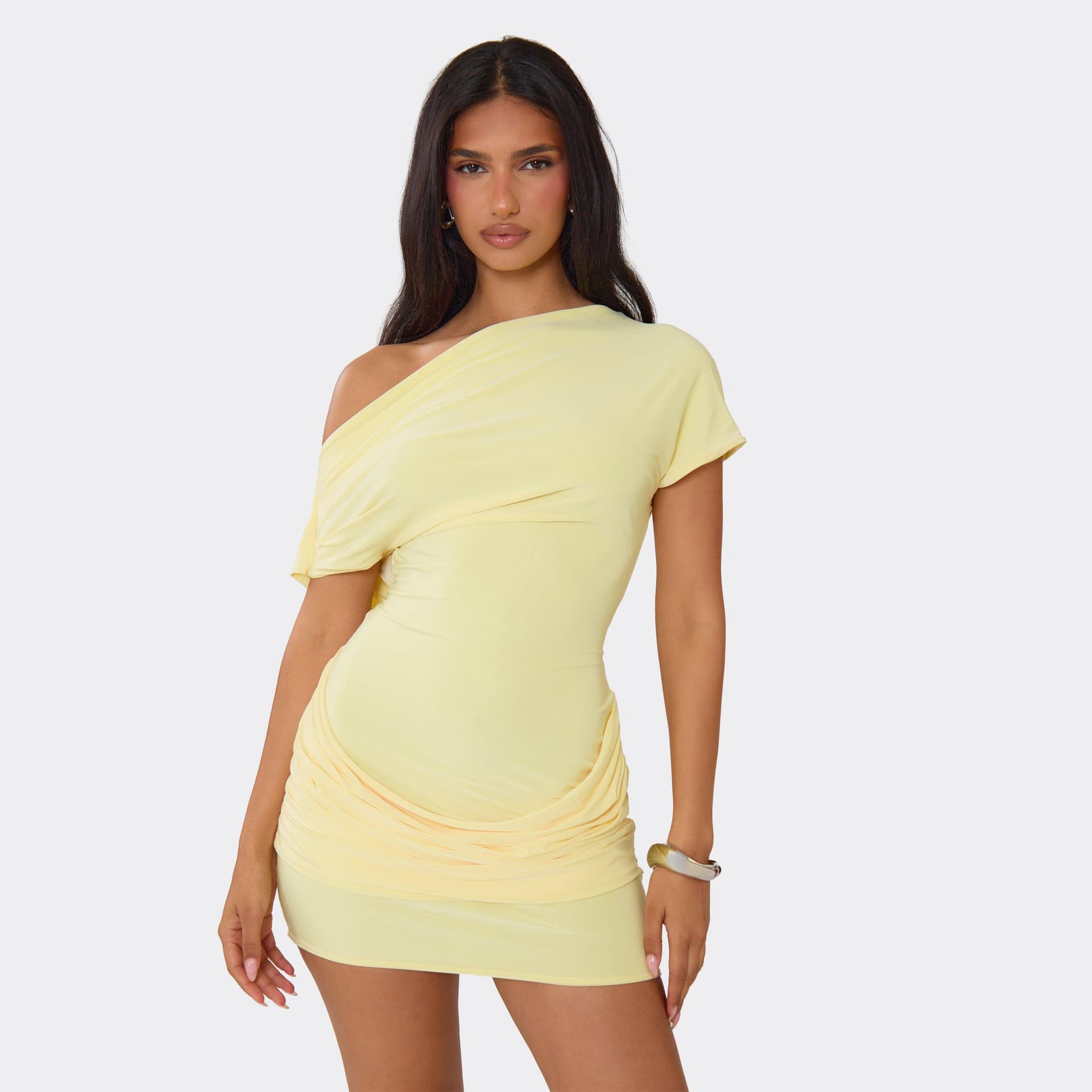 EGO Off The Shoulder Cowl Back Draped Detail Mini Dress In Lemon, Women's Size UK 6