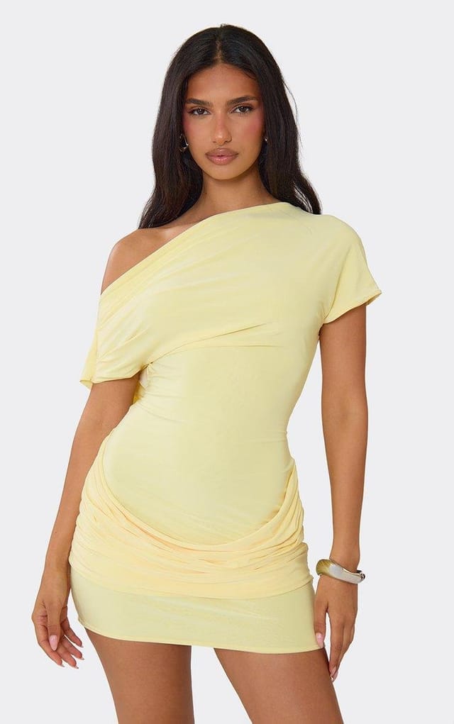 EGO Off The Shoulder Cowl Back Draped Detail Mini Dress In Lemon, Women's Size UK 6 - 2