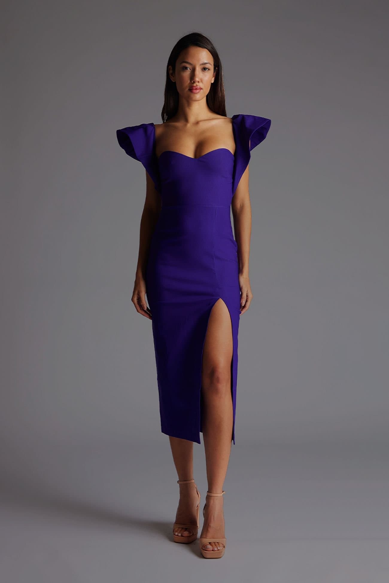 Vesper Vesper Women's Frill Sleeve Midaxi Dress with Thigh Split in Purple