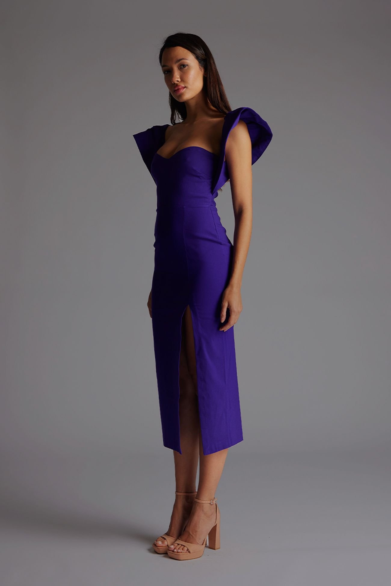 Vesper Vesper Women's Frill Sleeve Midaxi Dress with Thigh Split in Purple - 2