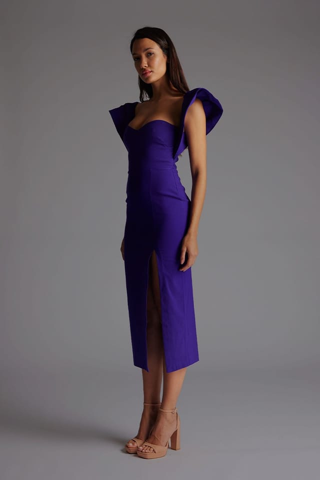 Vesper Vesper Women's Frill Sleeve Midaxi Dress with Thigh Split in Purple - 2
