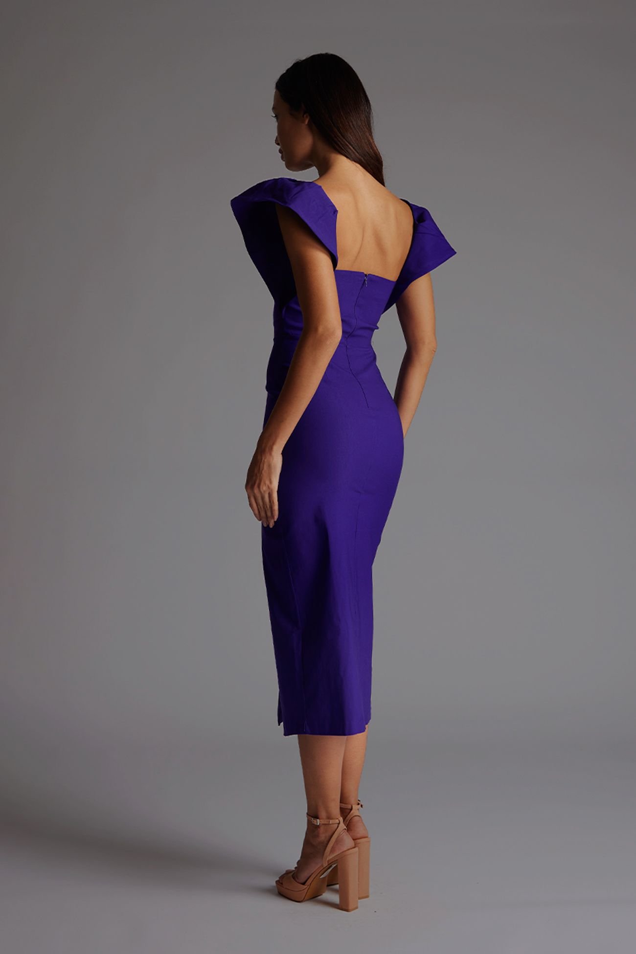 Vesper Vesper Women's Frill Sleeve Midaxi Dress with Thigh Split in Purple - 3