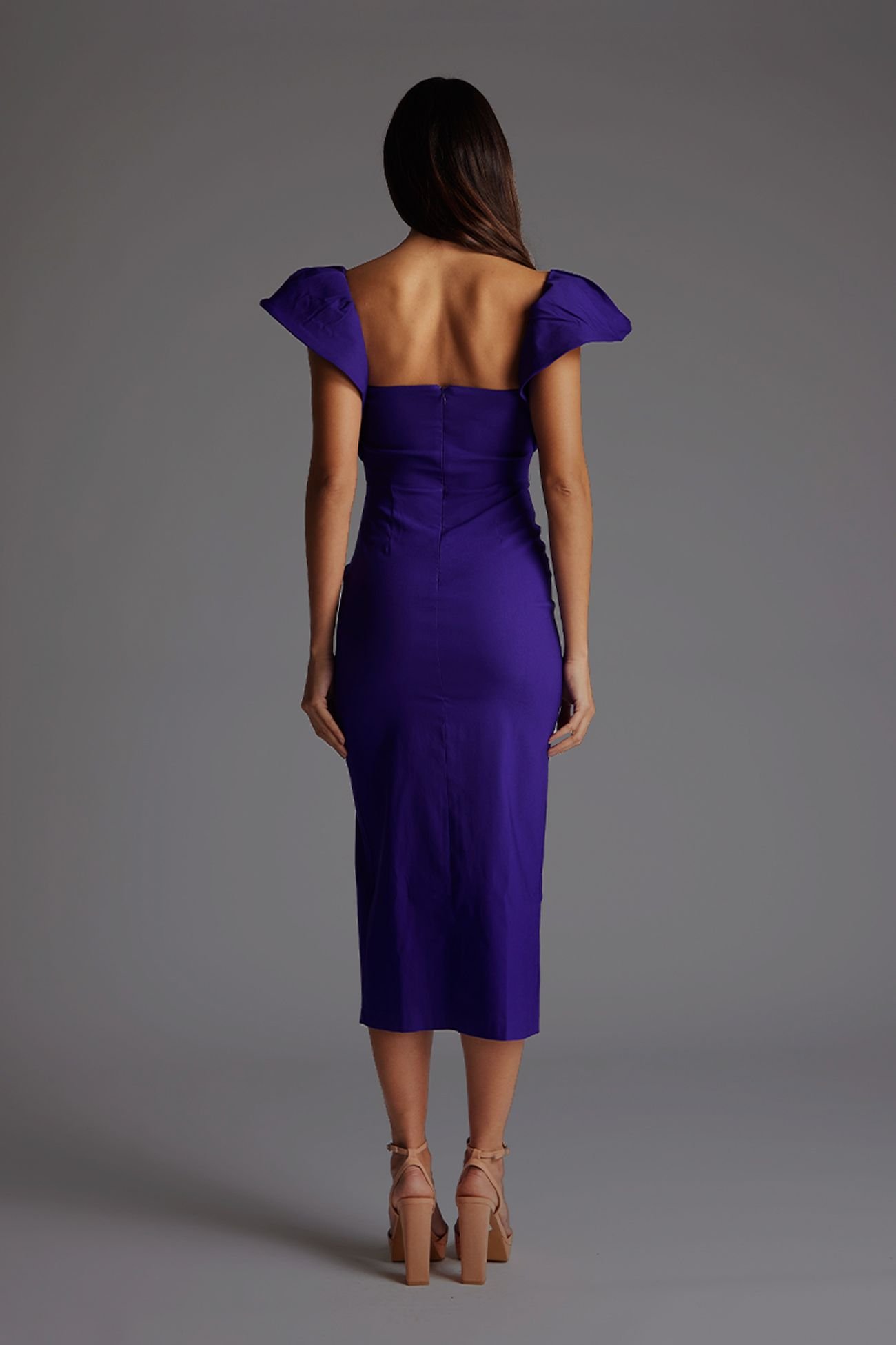 Vesper Vesper Women's Frill Sleeve Midaxi Dress with Thigh Split in Purple - 4