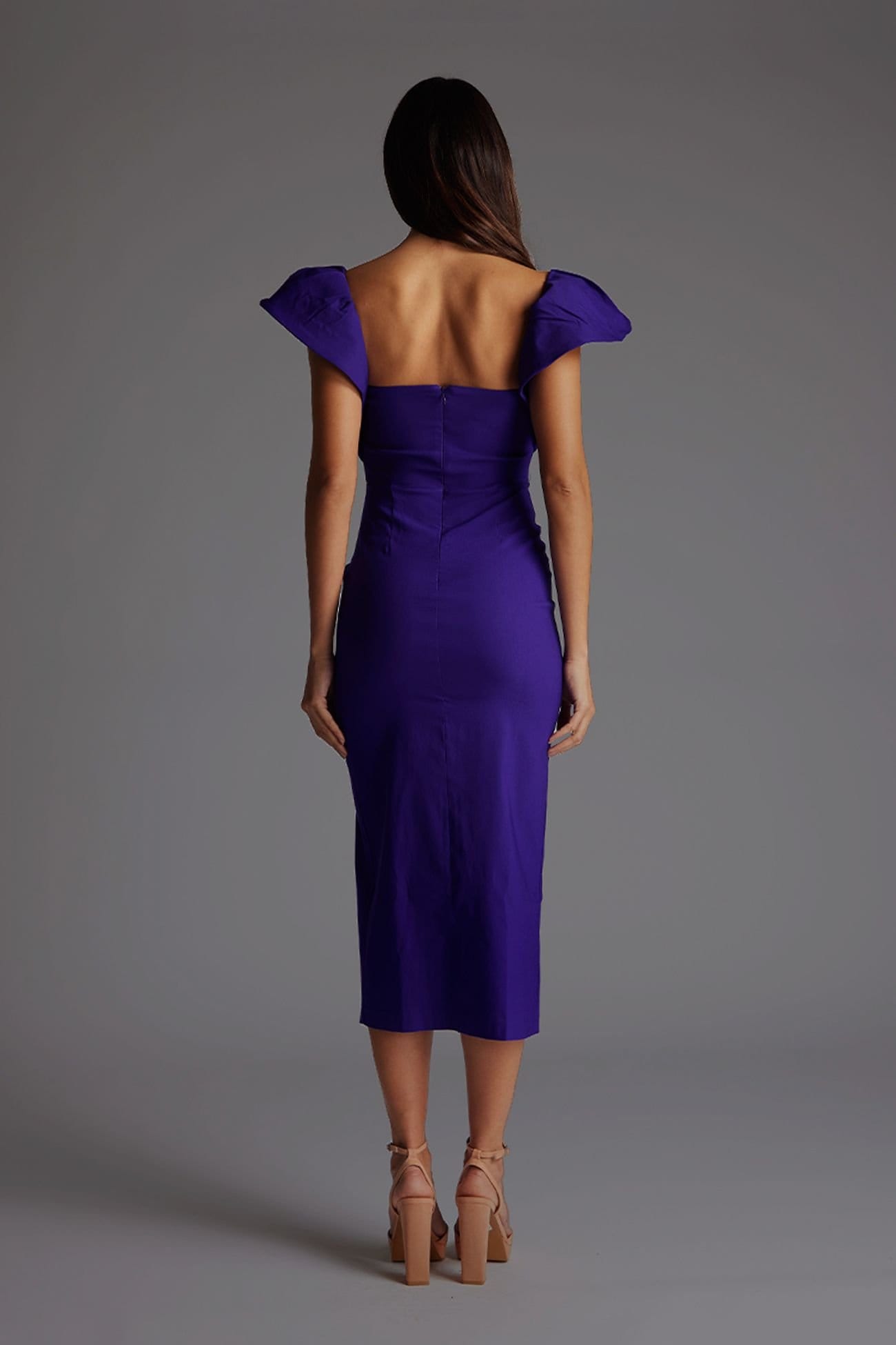 Vesper Vesper Women's Frill Sleeve Midaxi Dress with Thigh Split in Purple - 4