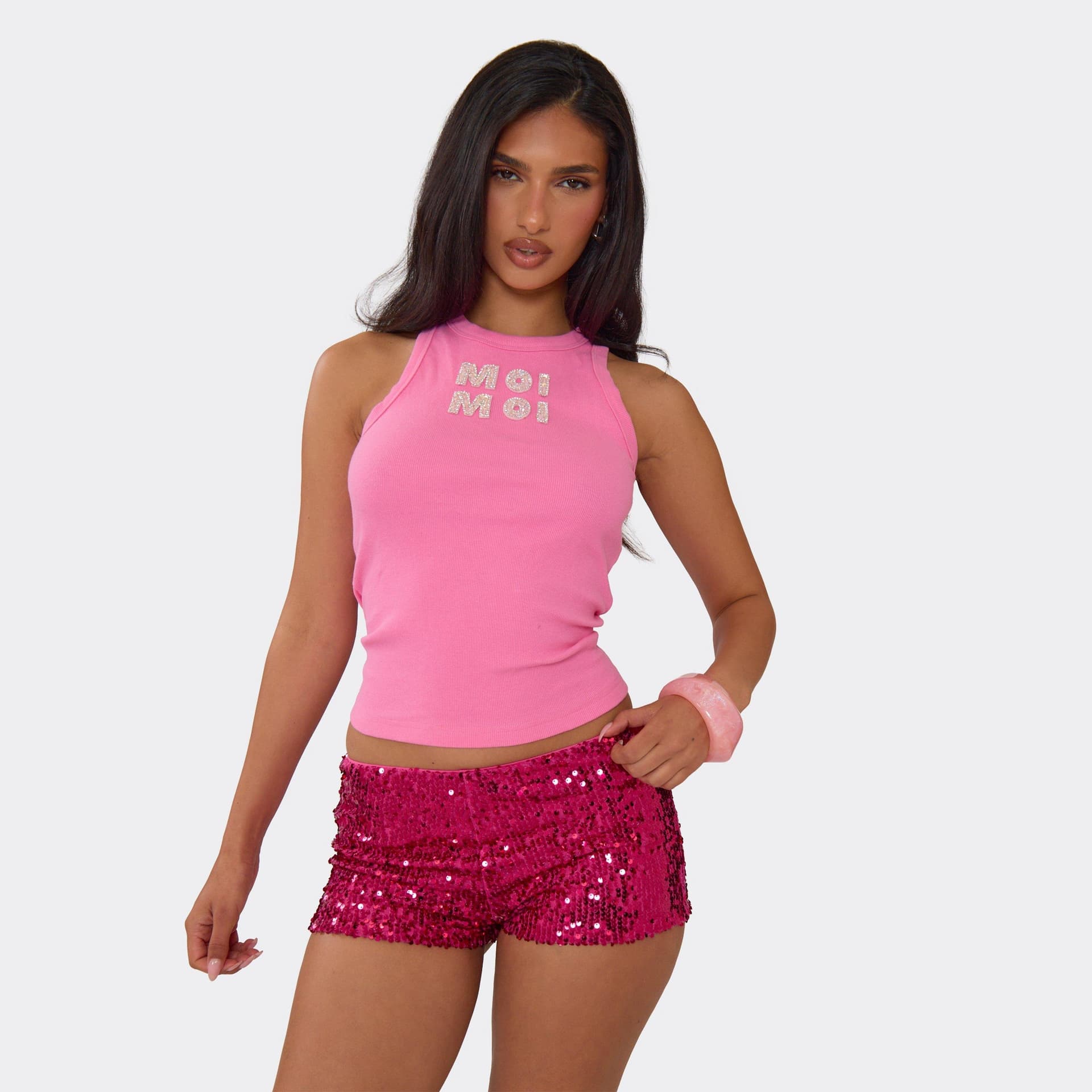 EGO Low Rise Micro Mini Shorts In Hot Pink Sequin, Women's Size UK 12