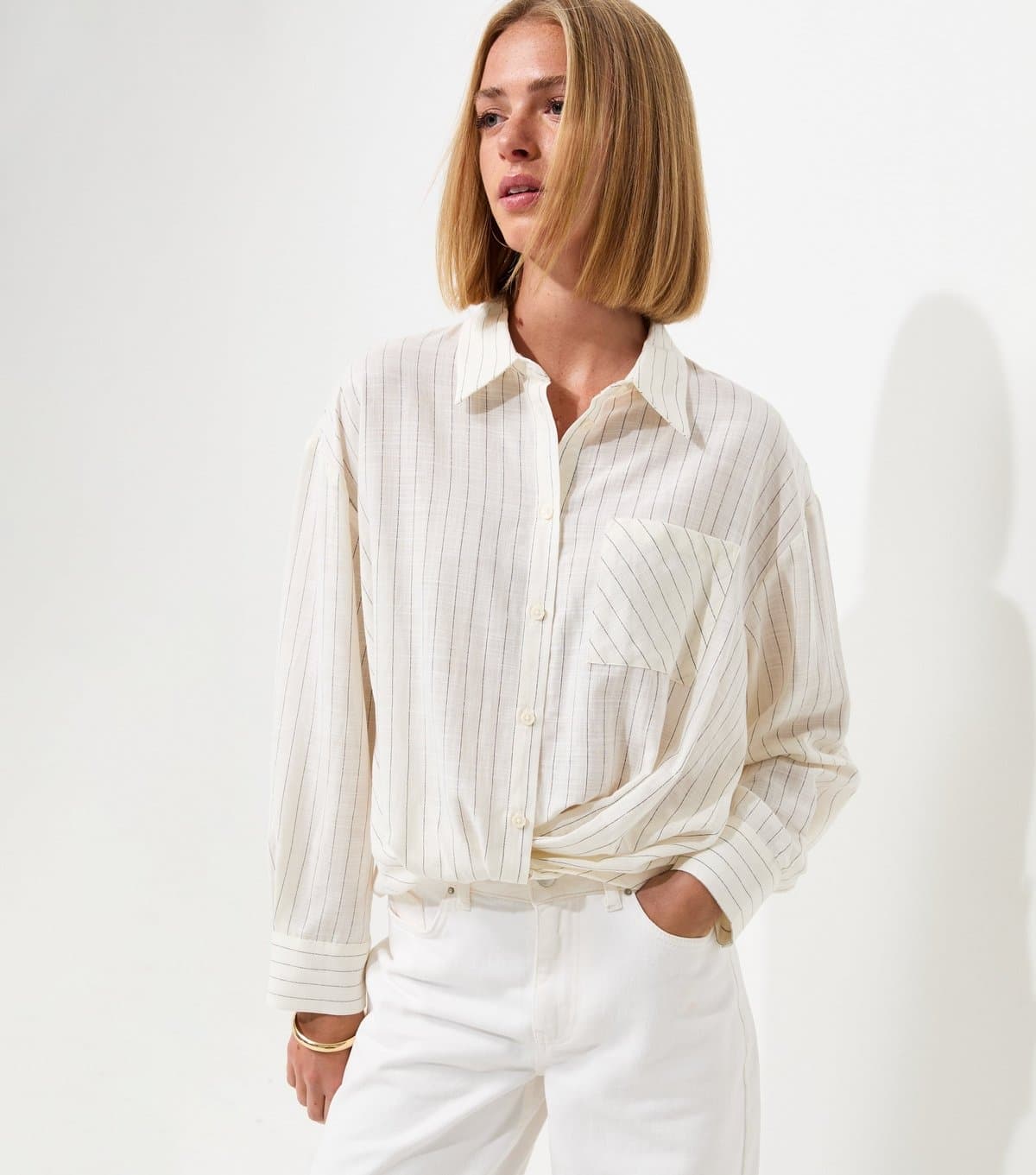 New Look Women's Cream Cotton Rich Striped Twist Front Long Sleeve Shirt New Look