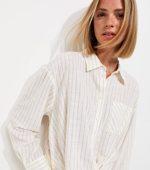 New Look Women's Cream Cotton Rich Striped Twist Front Long Sleeve Shirt New Look - 2