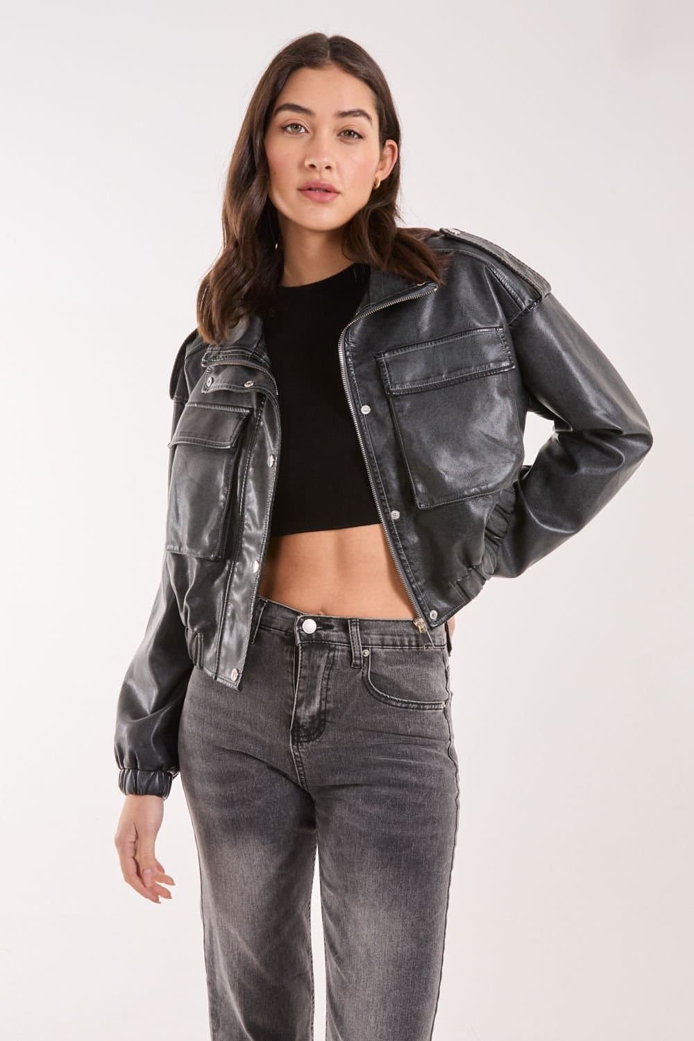 Pink Vanilla Pink Vanilla Black PU Utility Cropped Bomber Jacket