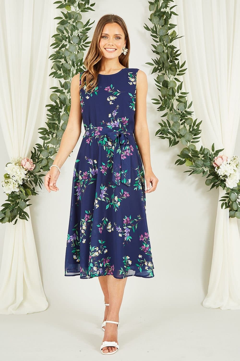 Yumi Yumi Women's Navy Floral Print Midi Skater Dress