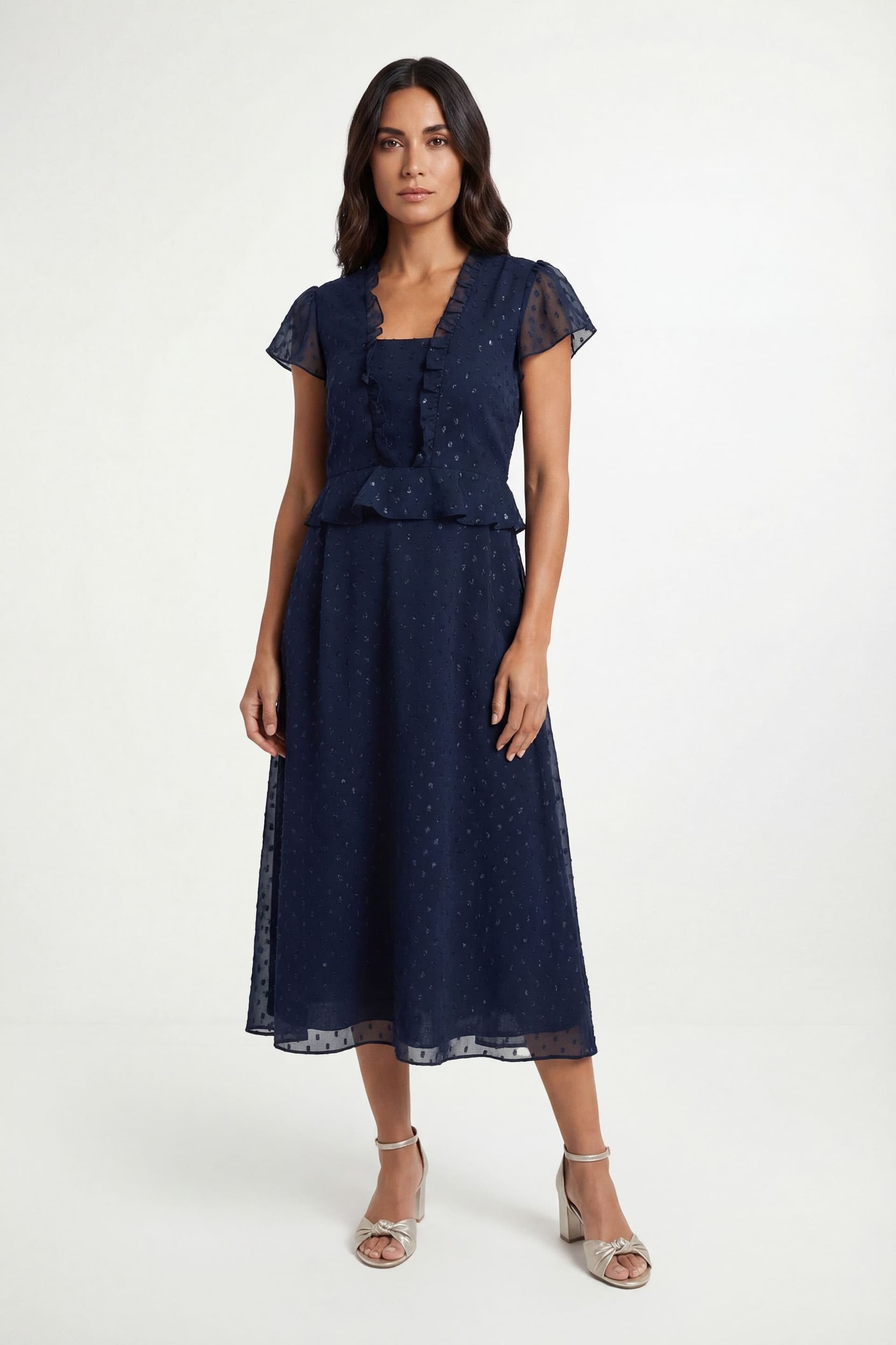 Wallis Wallis Women's Metallic Polka Dot Ruffle Midi Dress in Navy