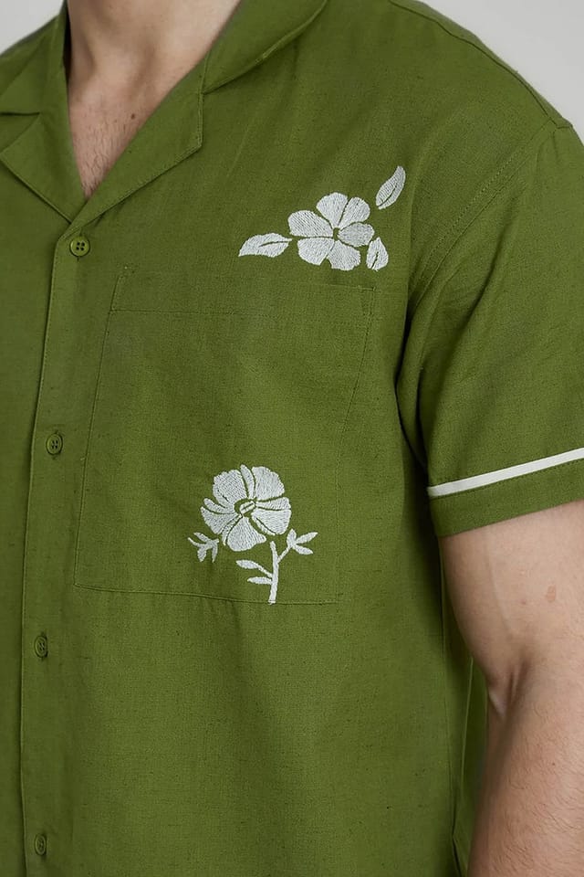 Native Youth Native Youth Men's Cotton Linen Short Sleeve Embroidery Shirt in Khaki - 3