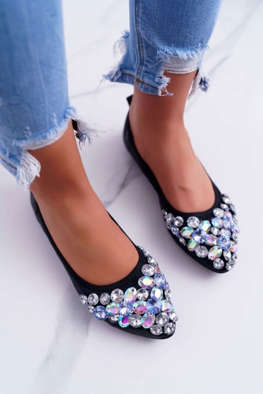 Love Lace Love Lace Women's Ballet Flats with Decorative Stones Soft Insole Fit in Black