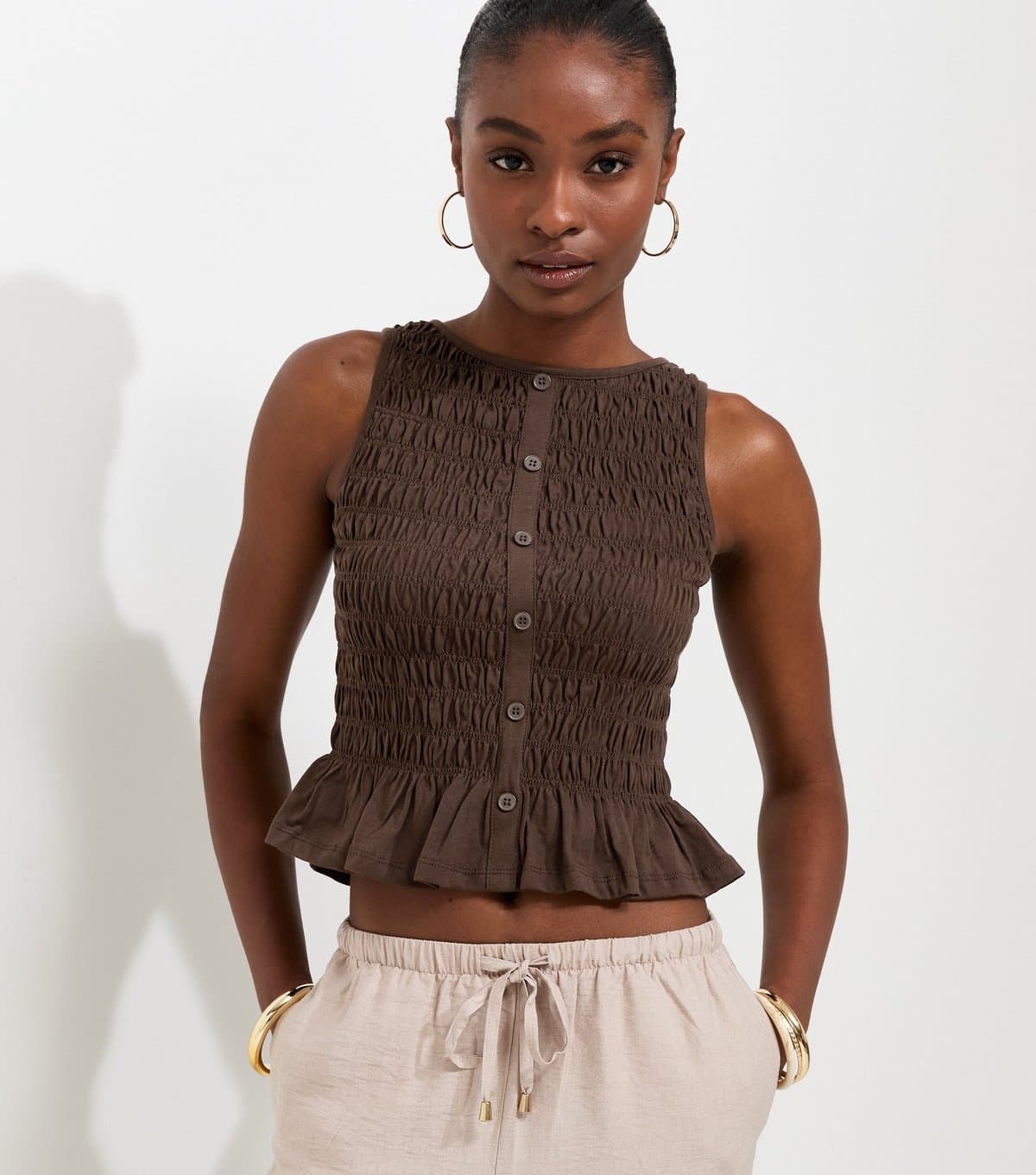 New Look Women's Dark Brown Cotton Faux Button Shirred Flared Hem Top New Look