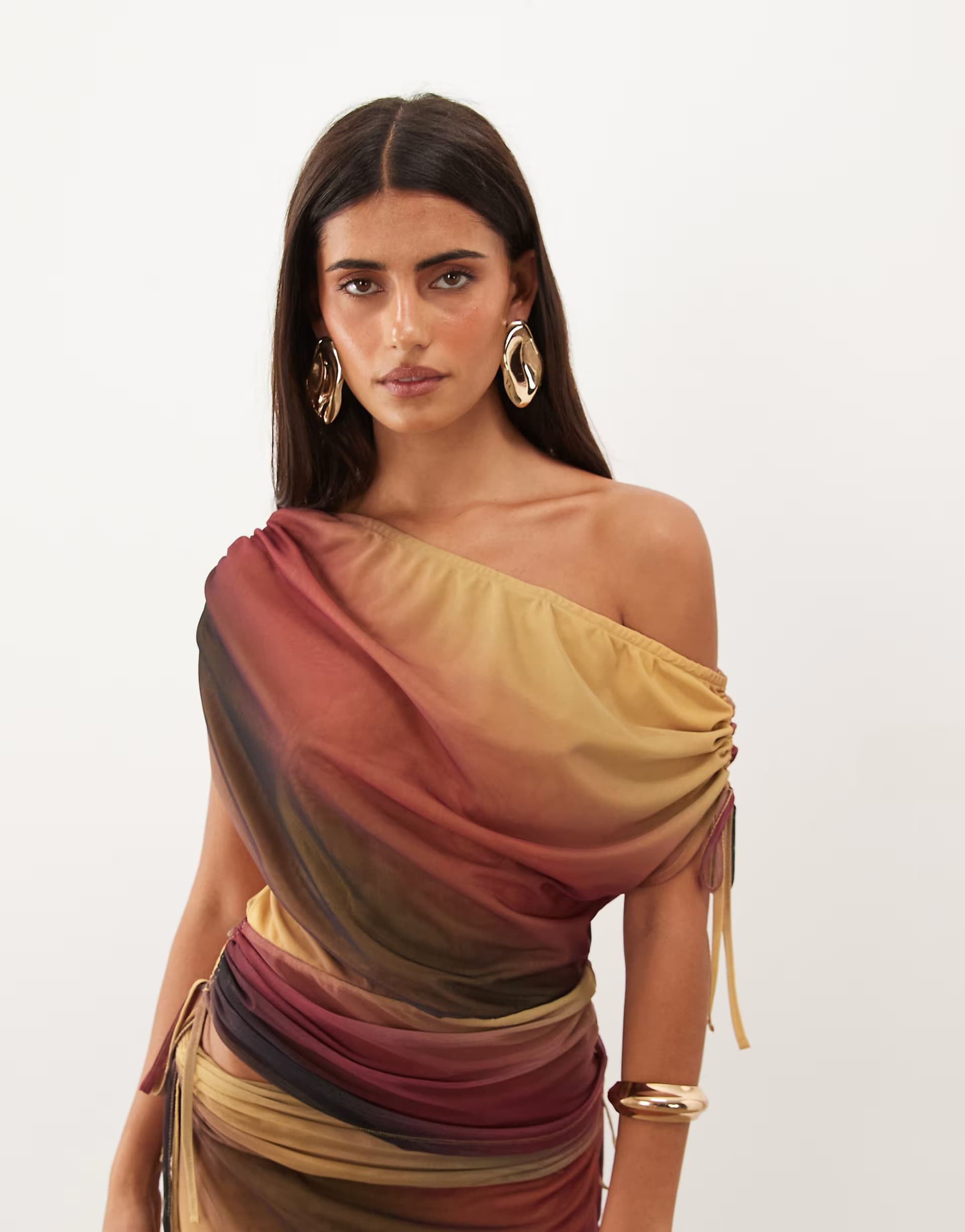 ASOS ASOS DESIGN ruched shoulder asymmetrical cinched waist co-ord top in striped ombre